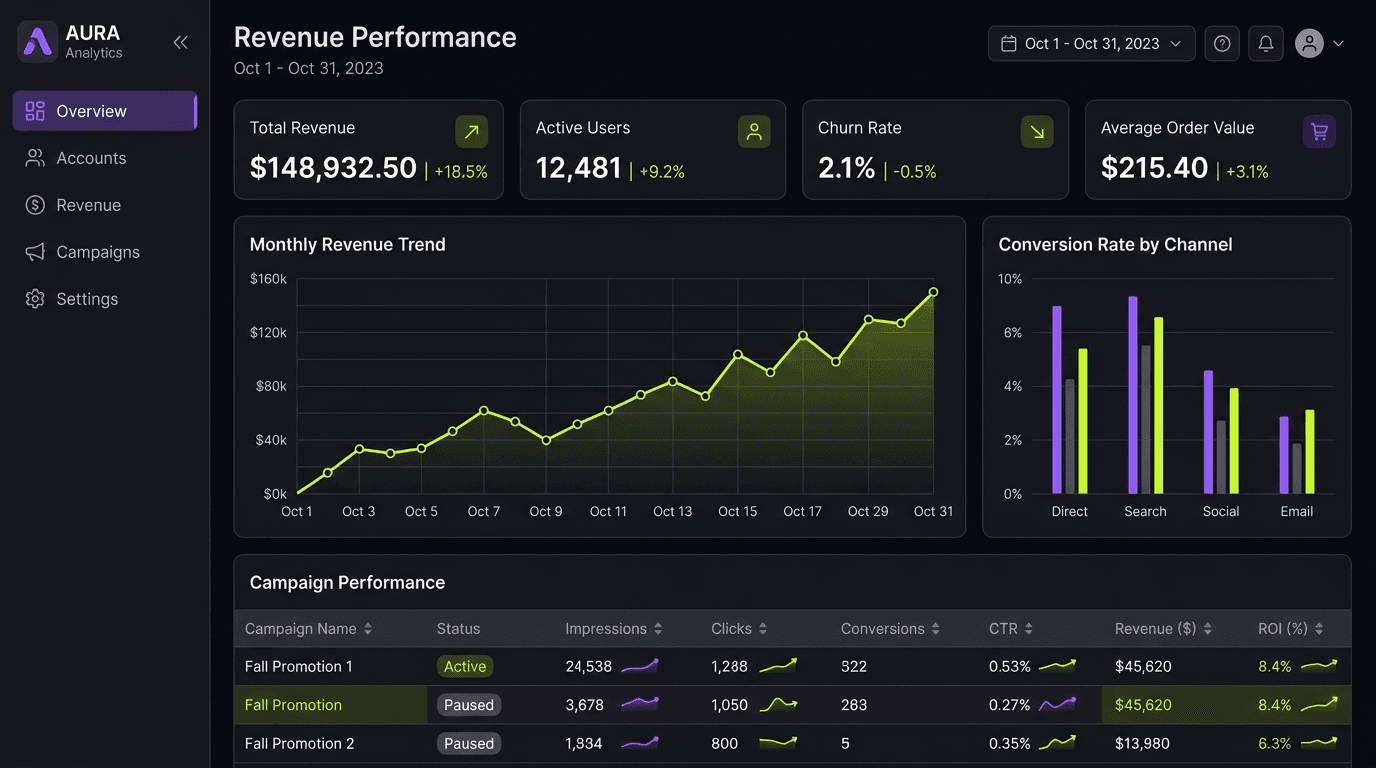 Dark analytics dashboard UI with charts